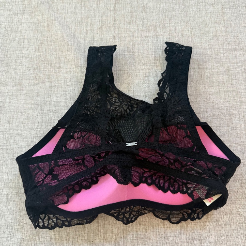 Pink Victoria's Secret Lace Bralette Medium Push Up Longline Black NWT 11085538 - Picture 2 of 6